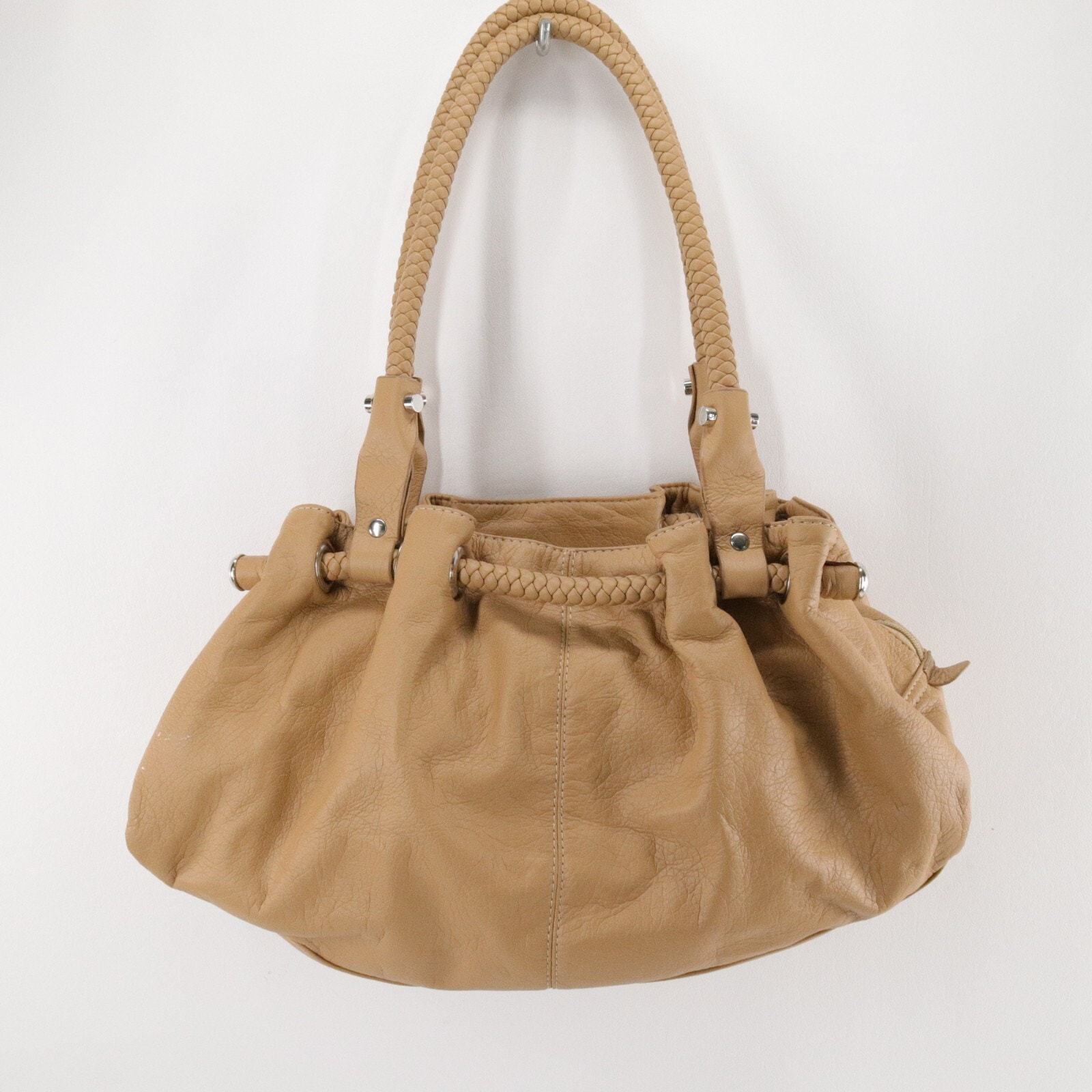 Everything Handbag Women L Tan Faux Leather Pleated Braided Rope Shoulder Bag